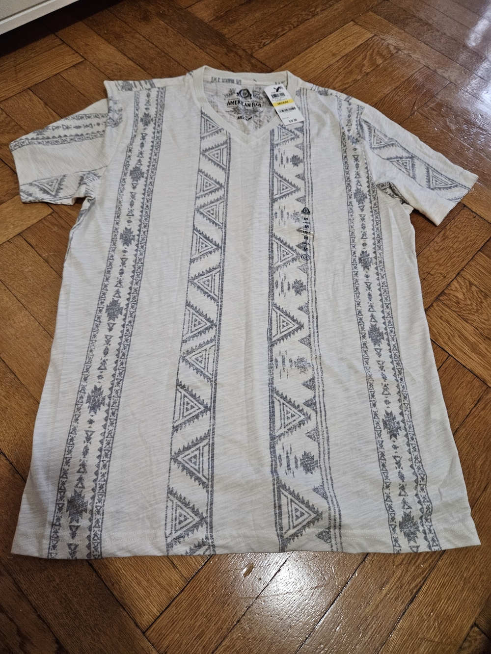 American Rag Men's Cream V-Neck Aztec Stripe Tee with Gray Print